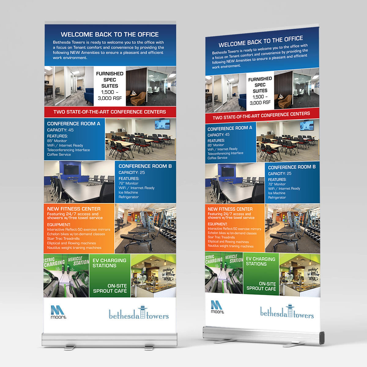 Retractable Banner Design for Bethesda Towers Amenities Custom retractable banner design with structured layout, vibrant color panels, and clear iconography, crafted to present Bethesda Towers amenities with clarity and impact.